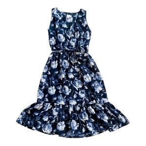 Blue Ethereal Sleeveless Tie Waist Midi Ruffle Dress Small Flowy Chiffon Fairy